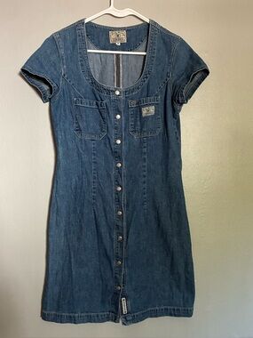 Lucky Brand Denim Dress Size M Western Y2K Jean Dress Fitted Mini Festival
